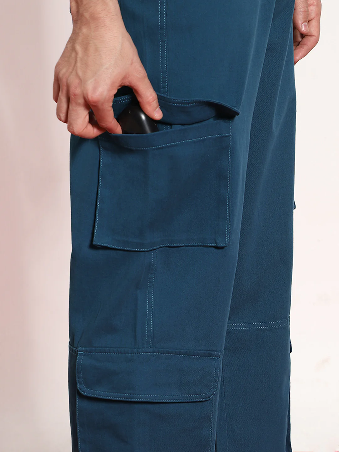 Men's Denim Blue Loose Baggy Fit Cargo Chino Pant with 8 Pockets Stretchable - Image 6