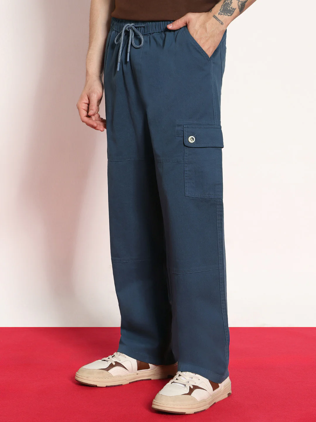 Men's Denim Blue Loose Baggy Fit Cargo Jogger Chino Pant with 6 Pockets Stretchable - Image 2
