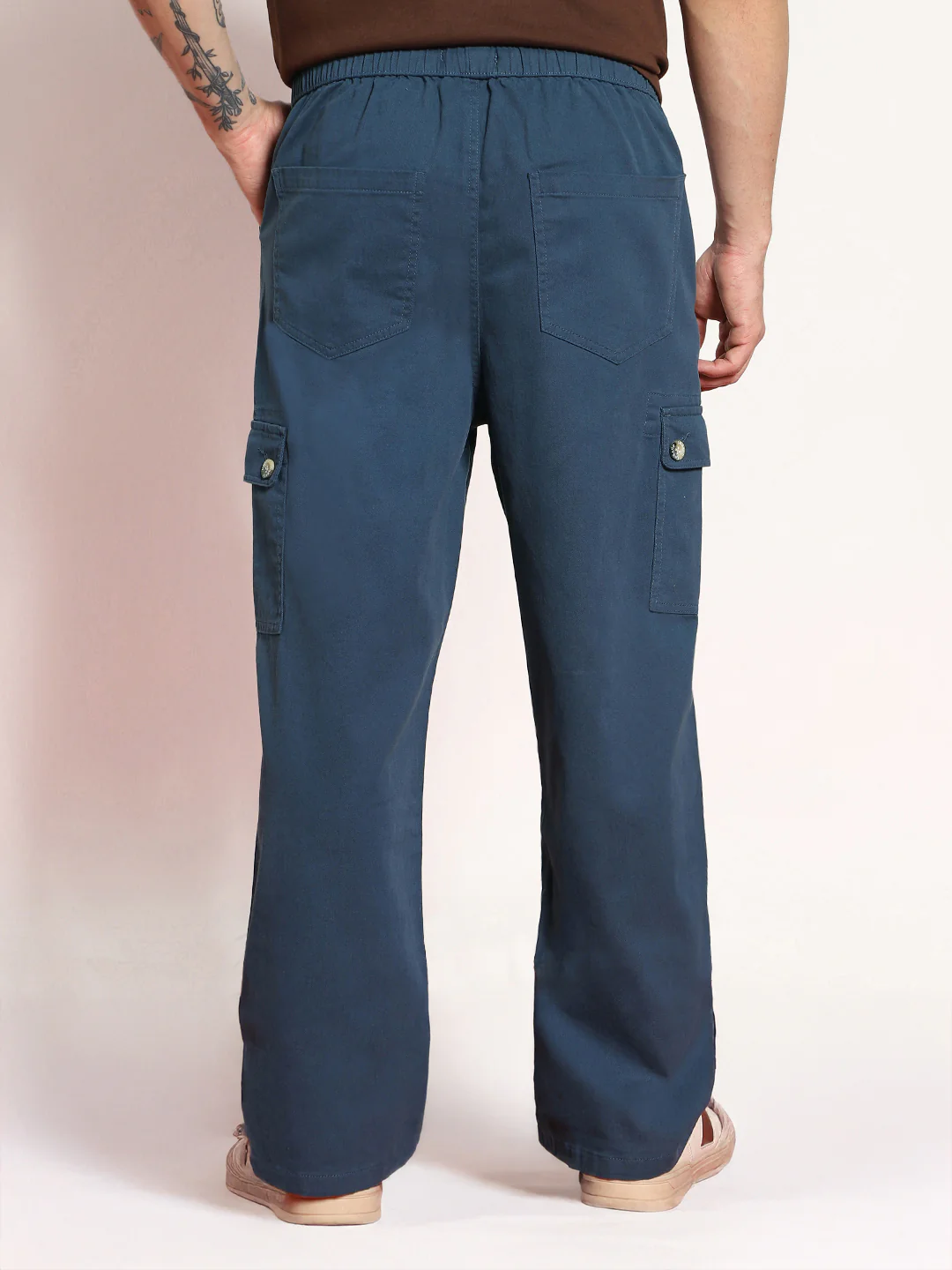 Men's Denim Blue Loose Baggy Fit Cargo Jogger Chino Pant with 6 Pockets Stretchable - Image 3