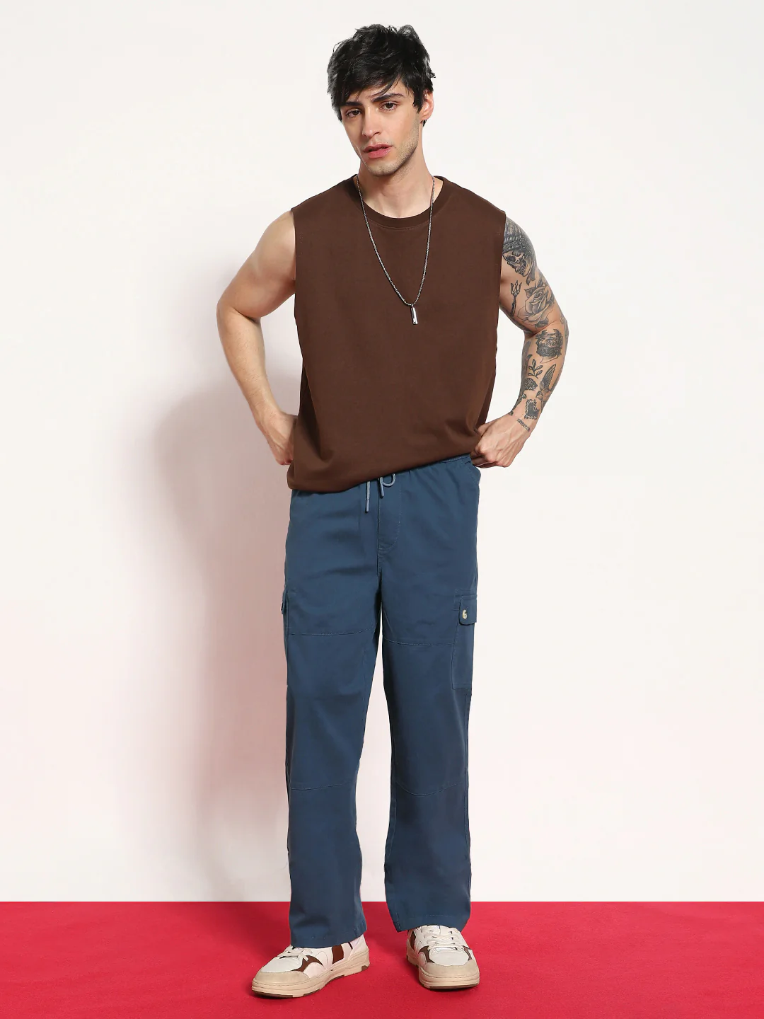 Men's Denim Blue Loose Baggy Fit Cargo Jogger Chino Pant with 6 Pockets Stretchable - Image 4