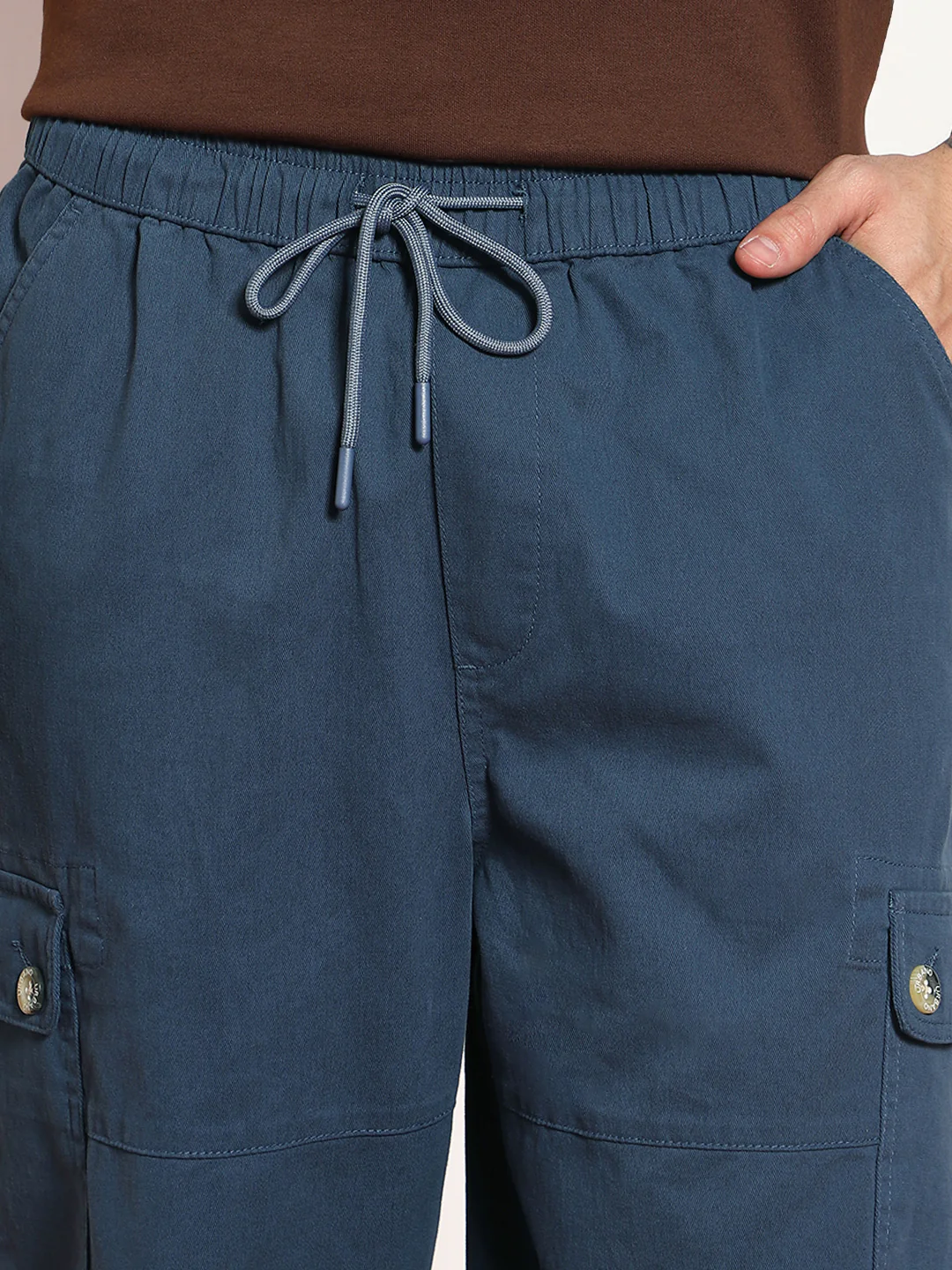 Men's Denim Blue Loose Baggy Fit Cargo Jogger Chino Pant with 6 Pockets Stretchable - Image 6