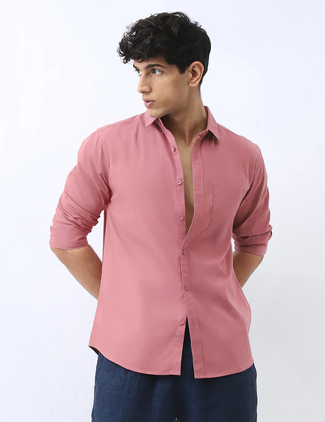 Men's Dusty Pink Cotton Full Sleeve Regular Fit Casual Solid Shirt - Image 2