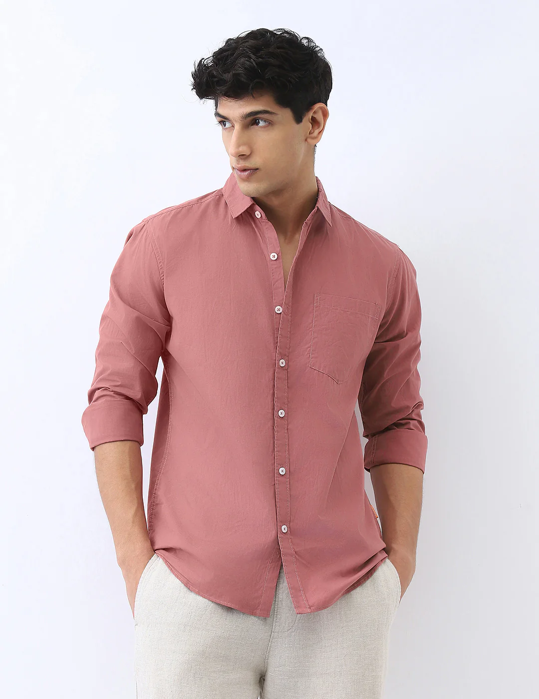 Men's Dusty Pink Cotton Full Sleeve Regular Fit Casual Solid Shirt - Image 2