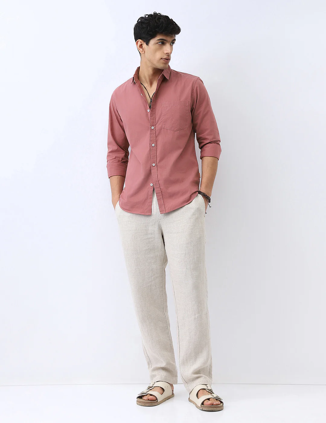 Men's Dusty Pink Cotton Full Sleeve Regular Fit Casual Solid Shirt - Image 4