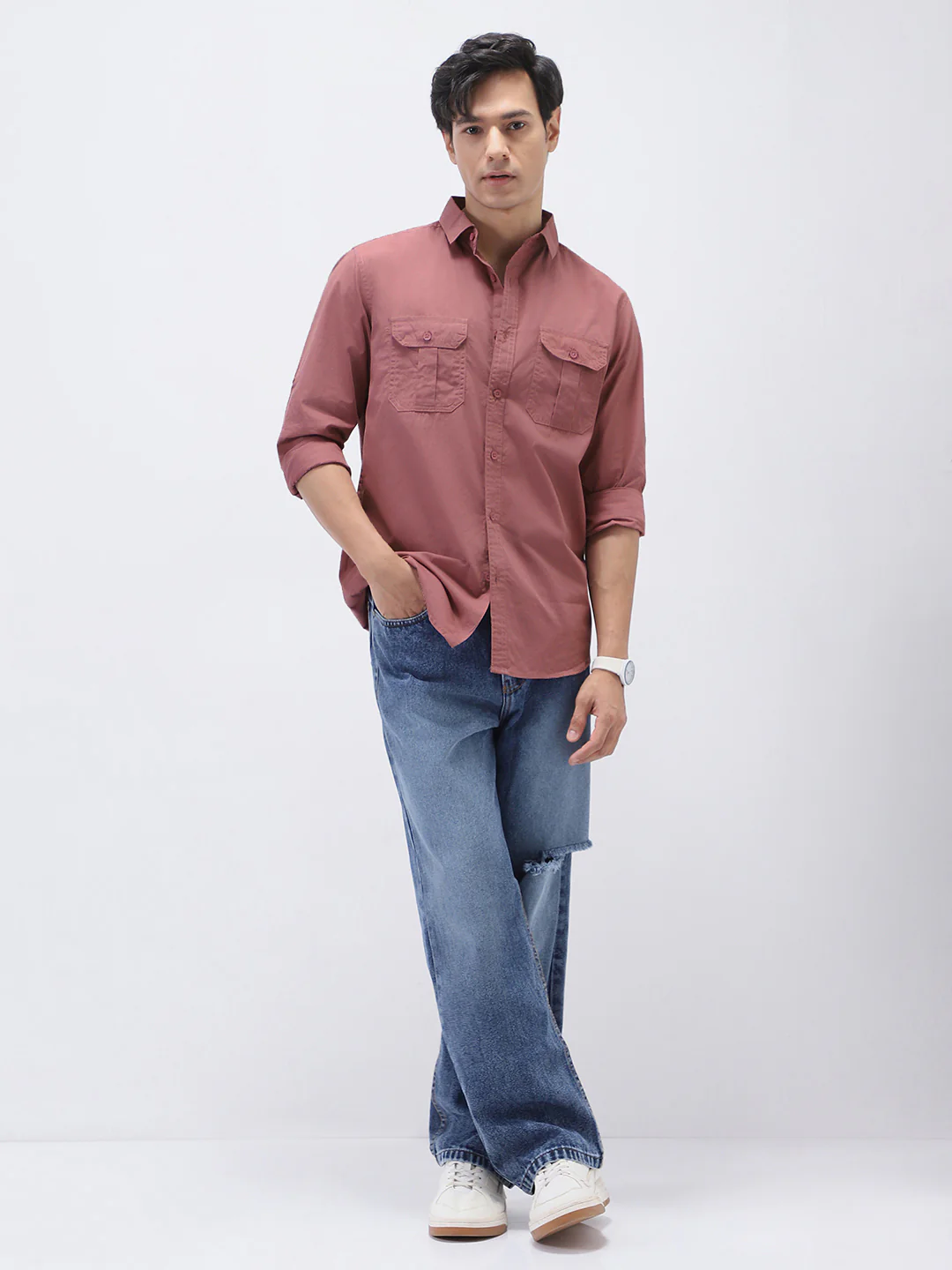 Men's Dusty Pink Cotton Full Sleeve Regular Fit Casual Solid Shirt - Image 4