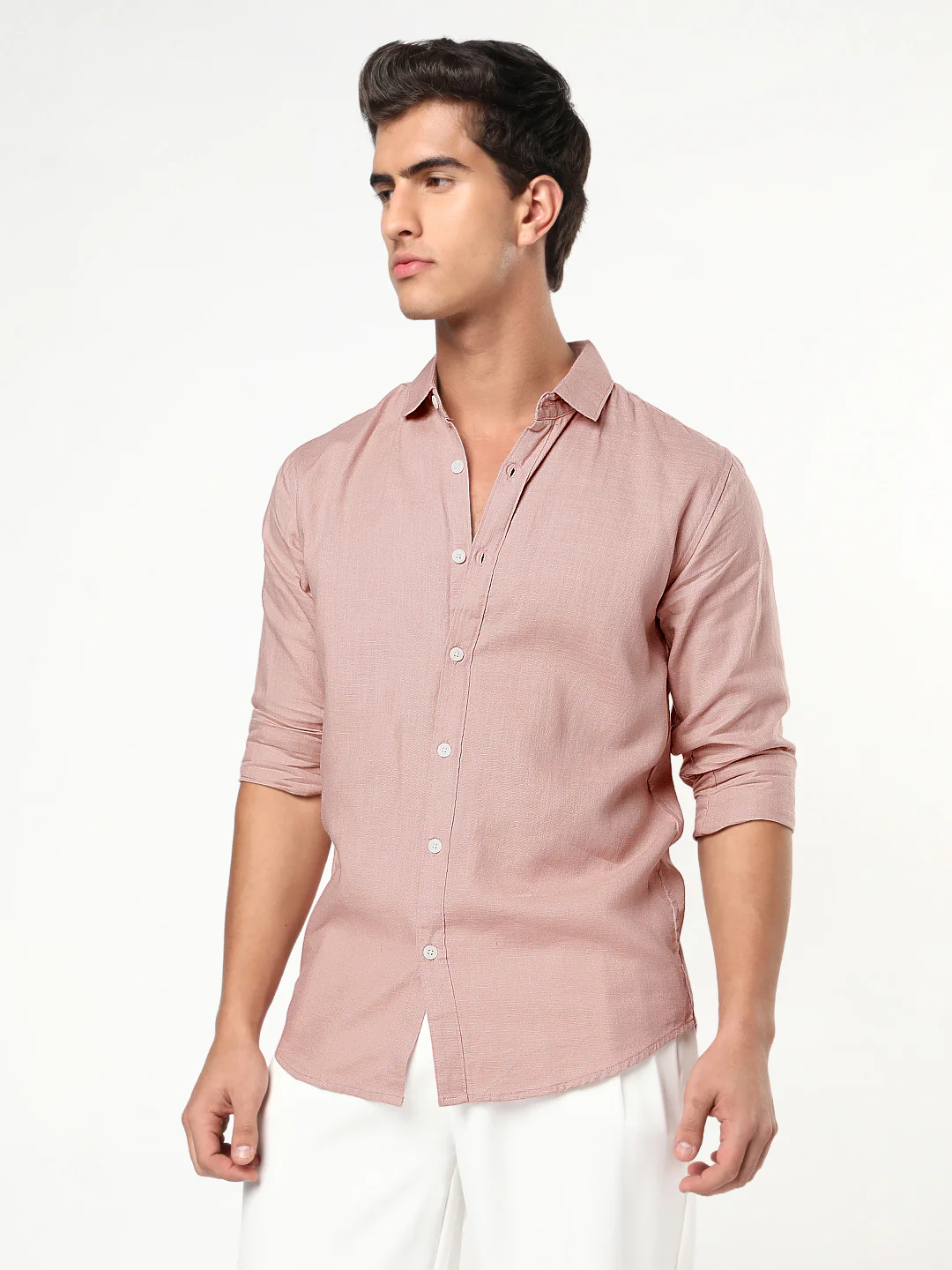 Men's Dusty Pink Linen Blend Full Sleeve Relaxed Fit Casual Solid Shirt - Image 2