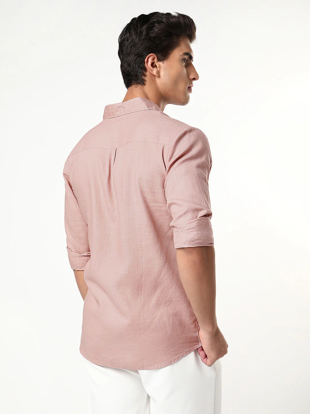 Men's Dusty Pink Linen Blend Full Sleeve Relaxed Fit Casual Solid Shirt - Image 3