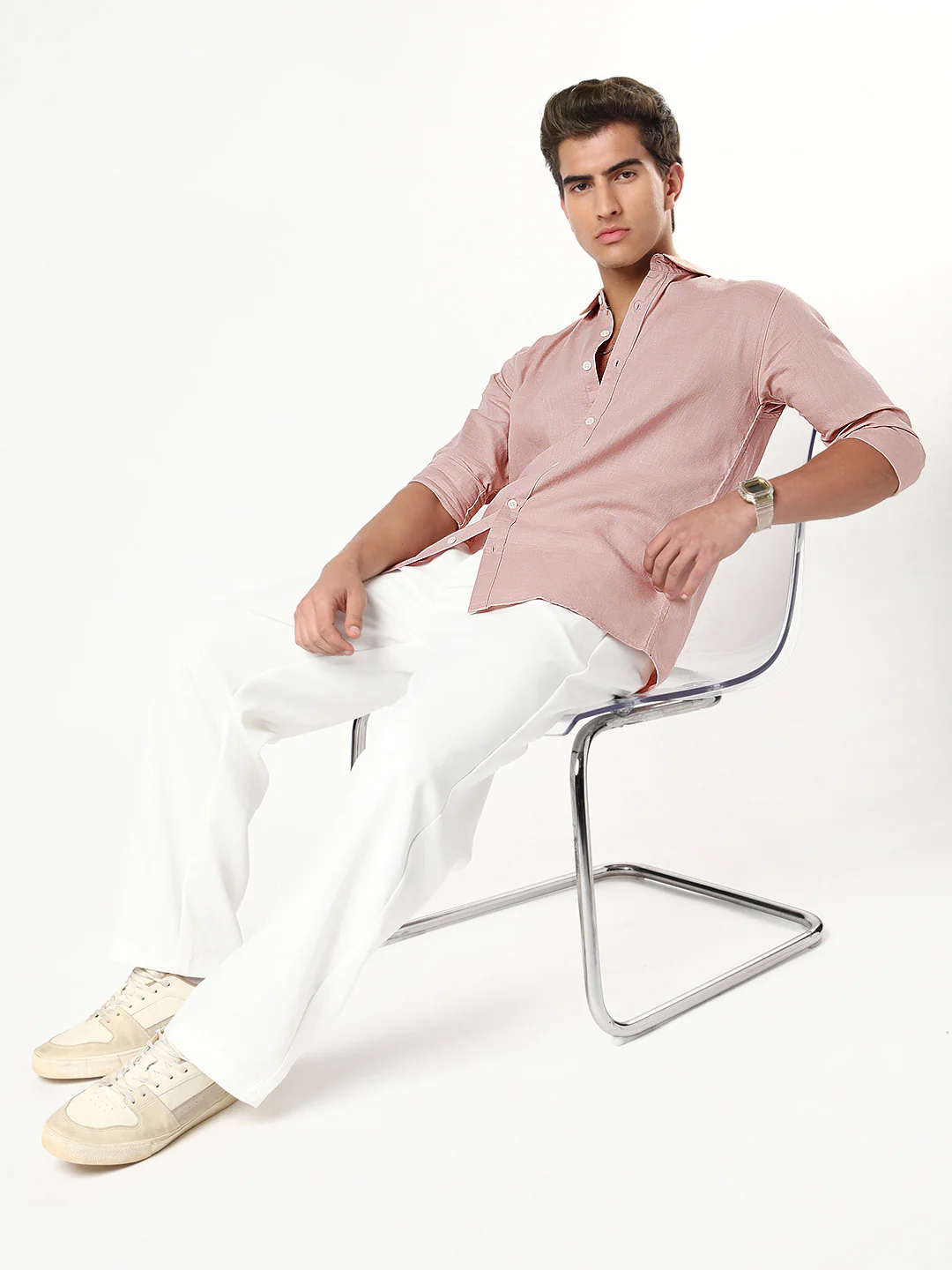 Men's Dusty Pink Linen Blend Full Sleeve Relaxed Fit Casual Solid Shirt - Image 4