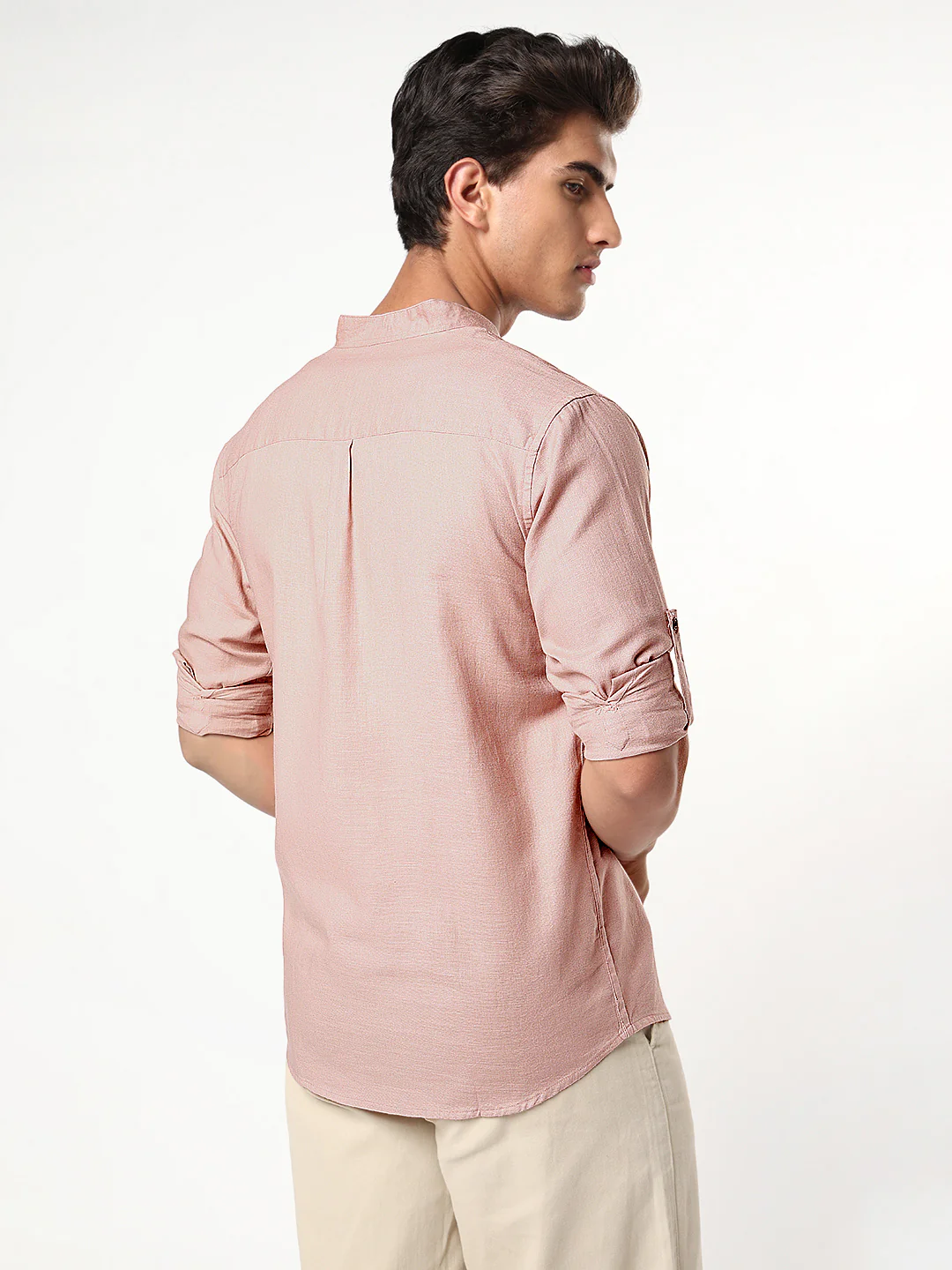 Men's Dusty Pink Linen Blend Full Sleeve Relaxed Fit Mandarin Collar Casual Solid Shirt - Image 3