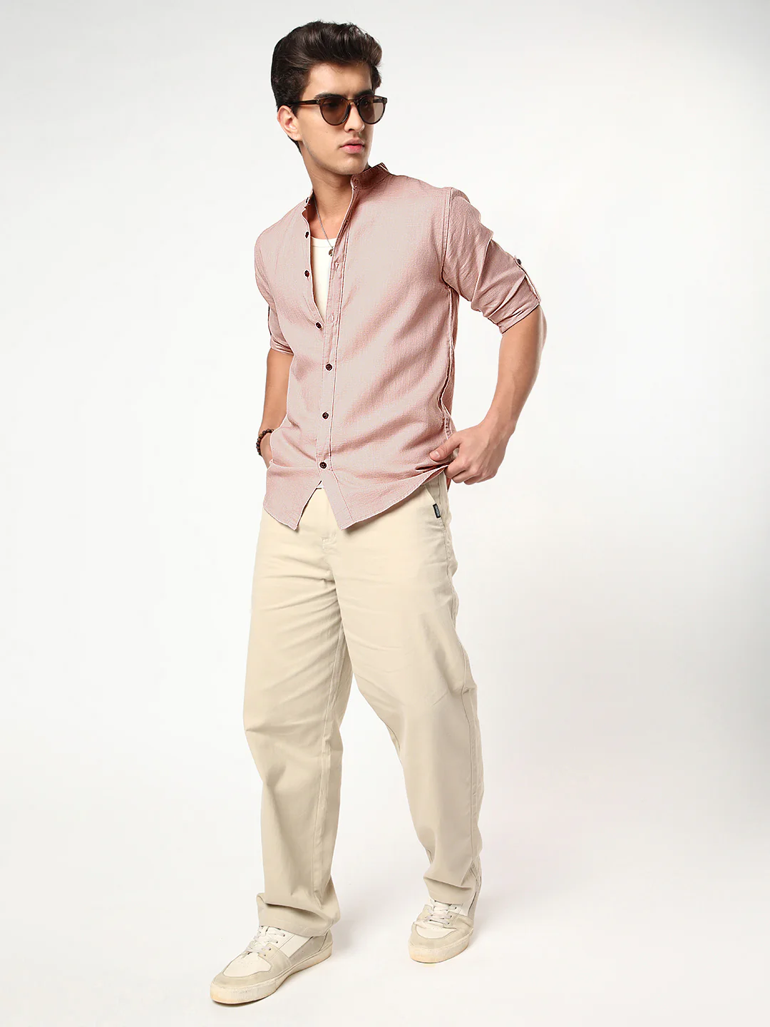 Men's Dusty Pink Linen Blend Full Sleeve Relaxed Fit Mandarin Collar Casual Solid Shirt - Image 4