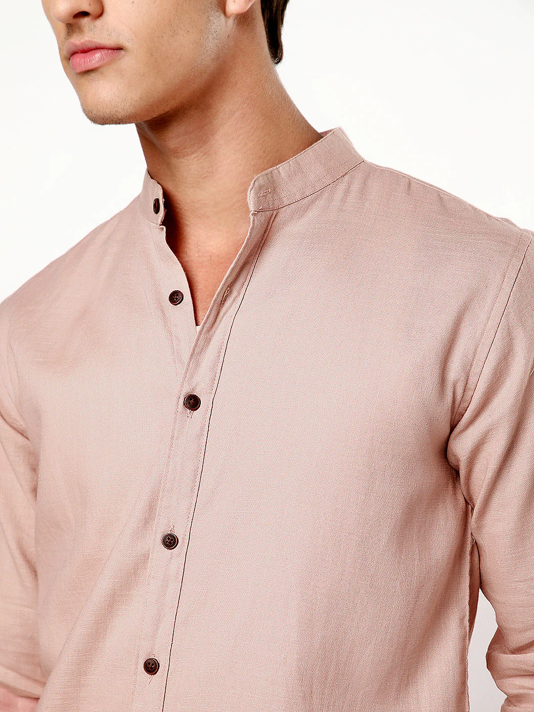 Men's Dusty Pink Linen Blend Full Sleeve Relaxed Fit Mandarin Collar Casual Solid Shirt - Image 5