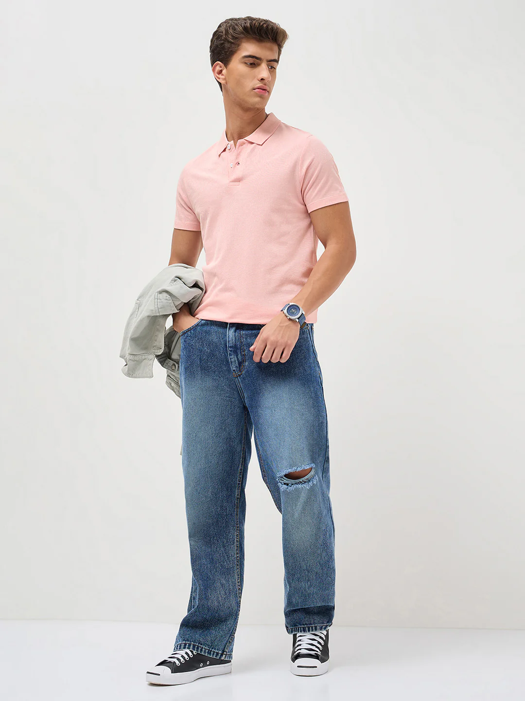 Men's Dusty Pink Solid Regular Fit Half Sleeve Cotton Polo T-Shirt - Image 4