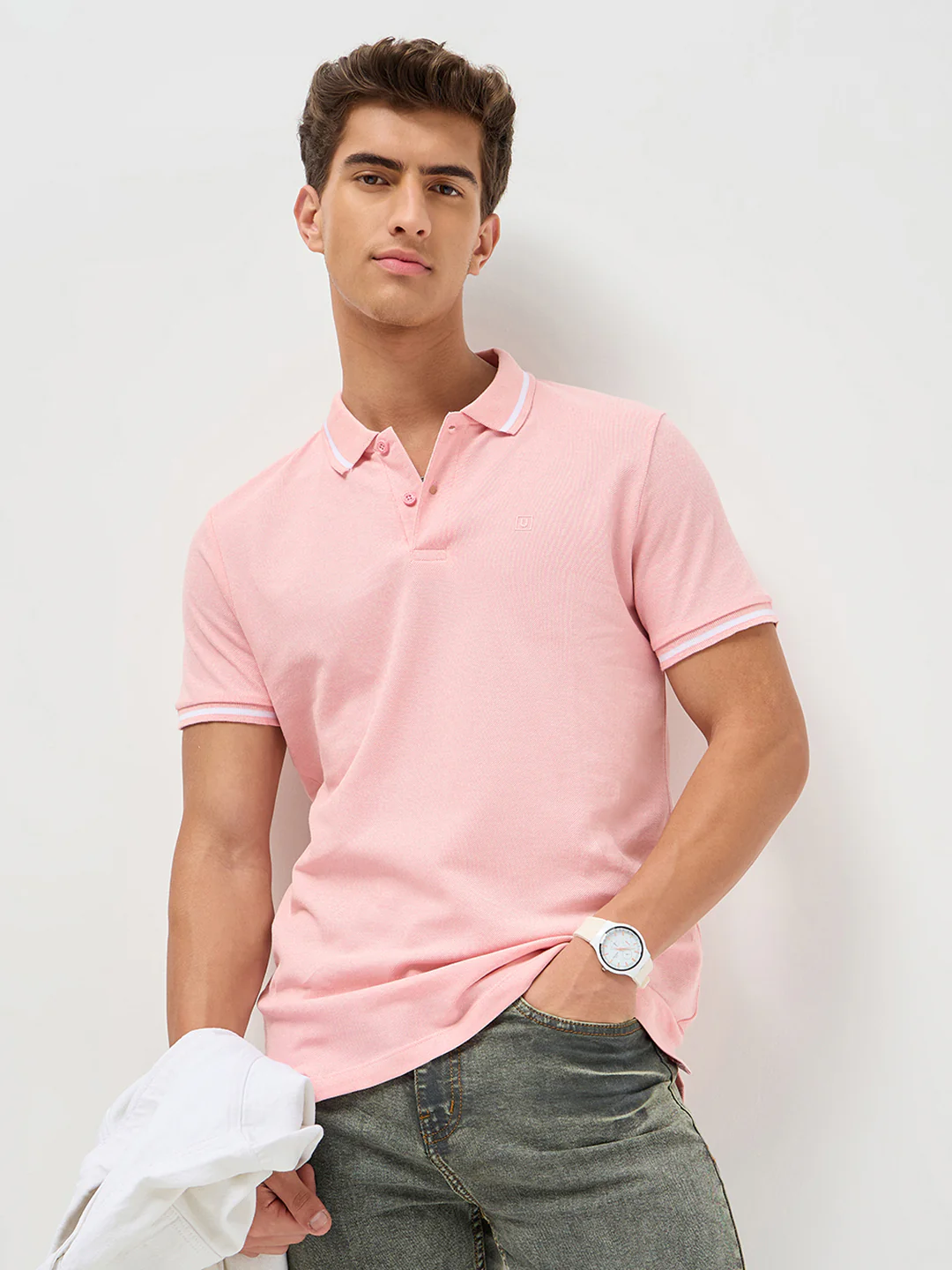 Men's Dusty Pink Solid Regular Fit Half Sleeve Cotton Polo T-Shirt