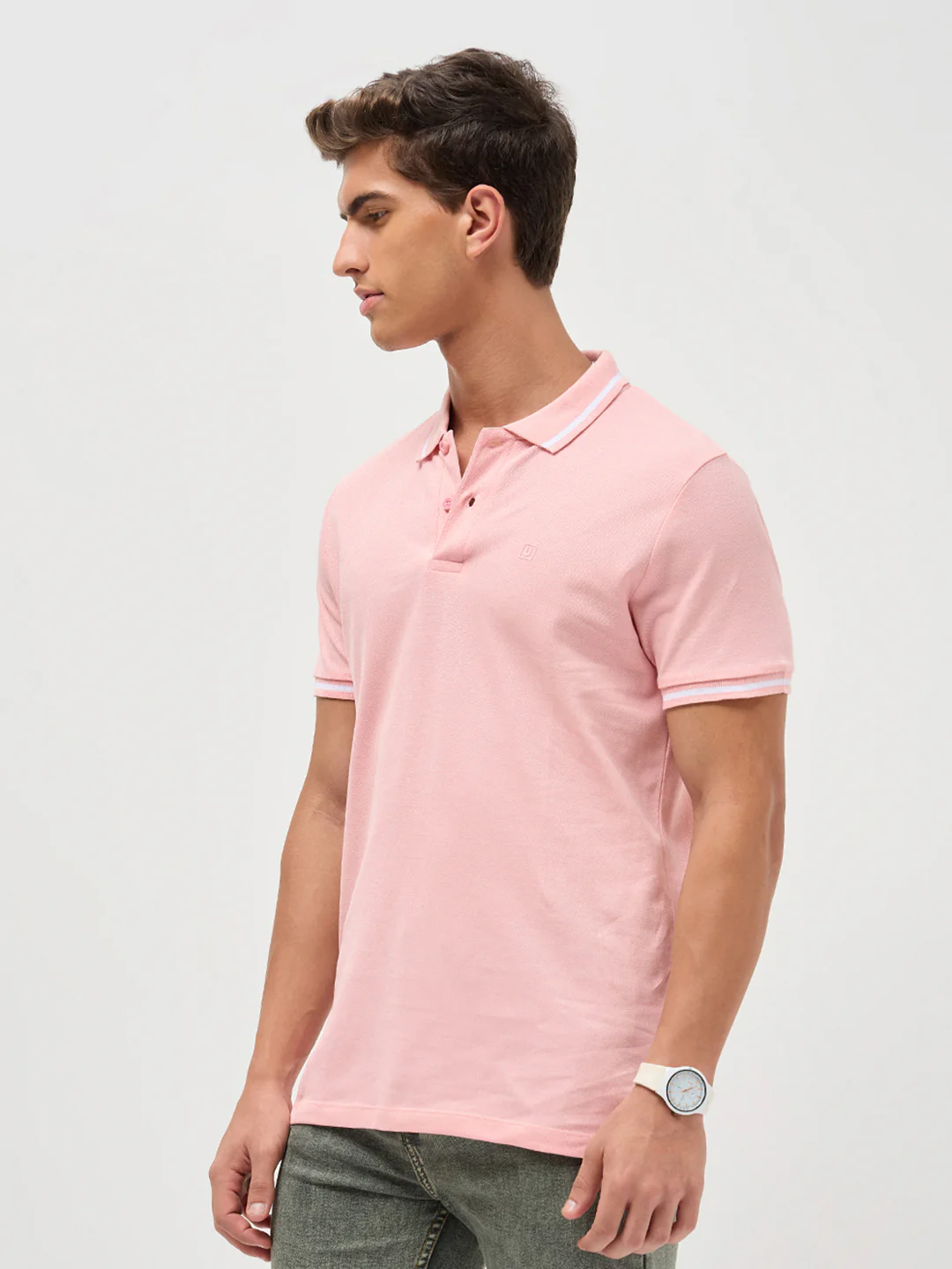 Men's Dusty Pink Solid Regular Fit Half Sleeve Cotton Polo T-Shirt - Image 2