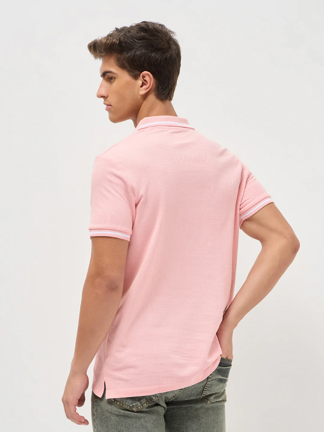 Men's Dusty Pink Solid Regular Fit Half Sleeve Cotton Polo T-Shirt - Image 3