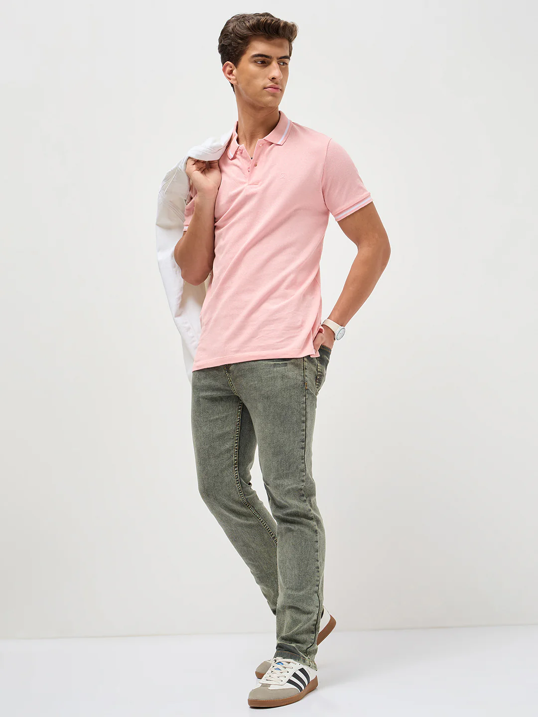 Men's Dusty Pink Solid Regular Fit Half Sleeve Cotton Polo T-Shirt - Image 4