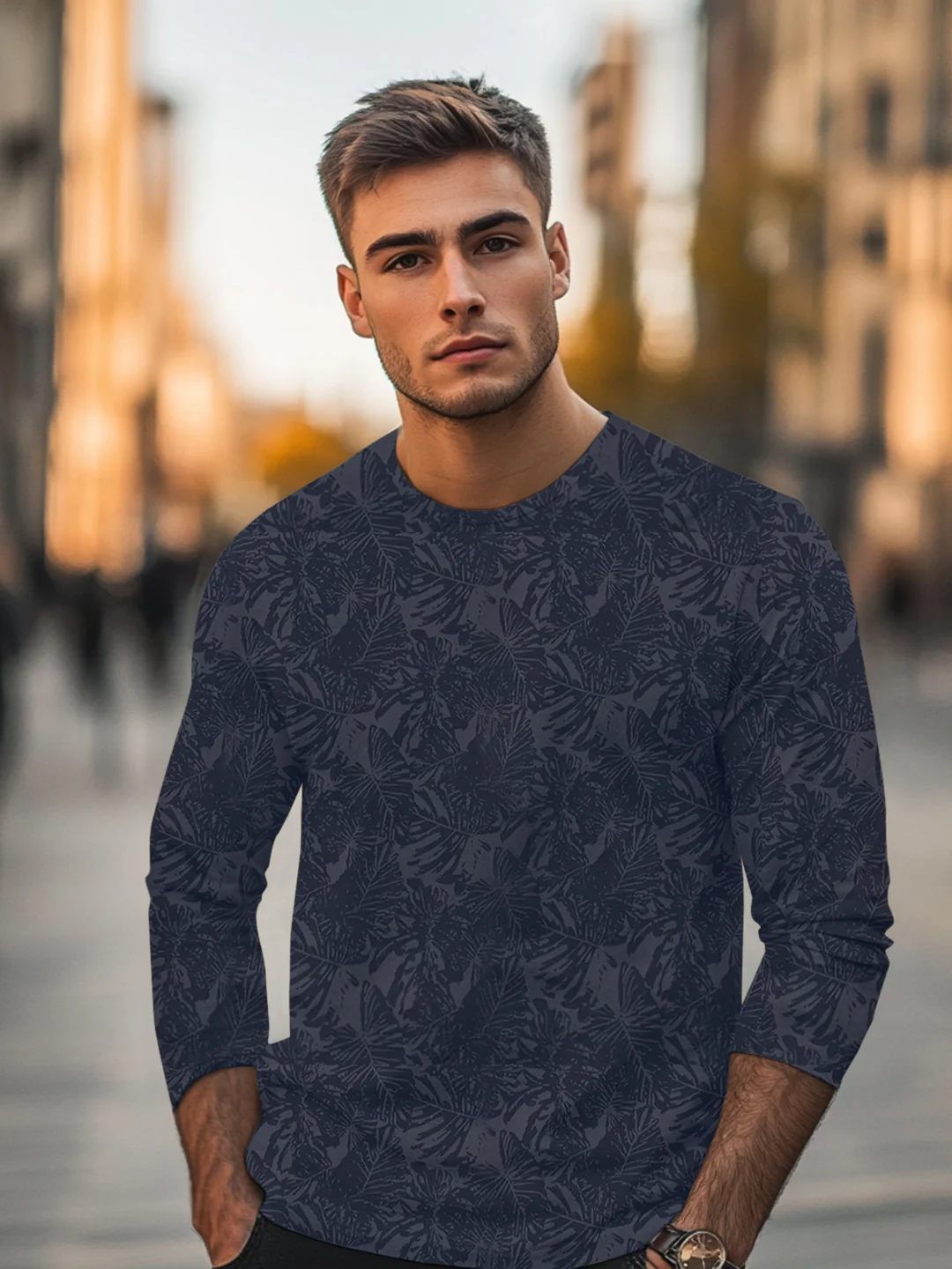 Men's Estate Blue Printed Full Sleeve Slim Fit Cotton T-Shirt