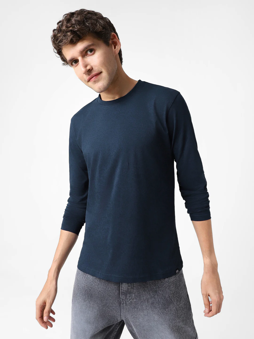 Men's Estate Blue Printed Full Sleeve Slim Fit Cotton T-Shirt - Image 2