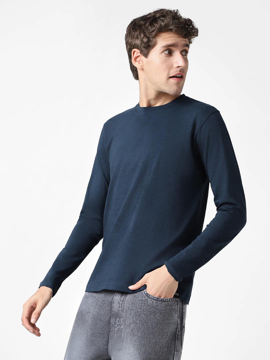 Men's Estate Blue Printed Full Sleeve Slim Fit Cotton T-Shirt - Image 3