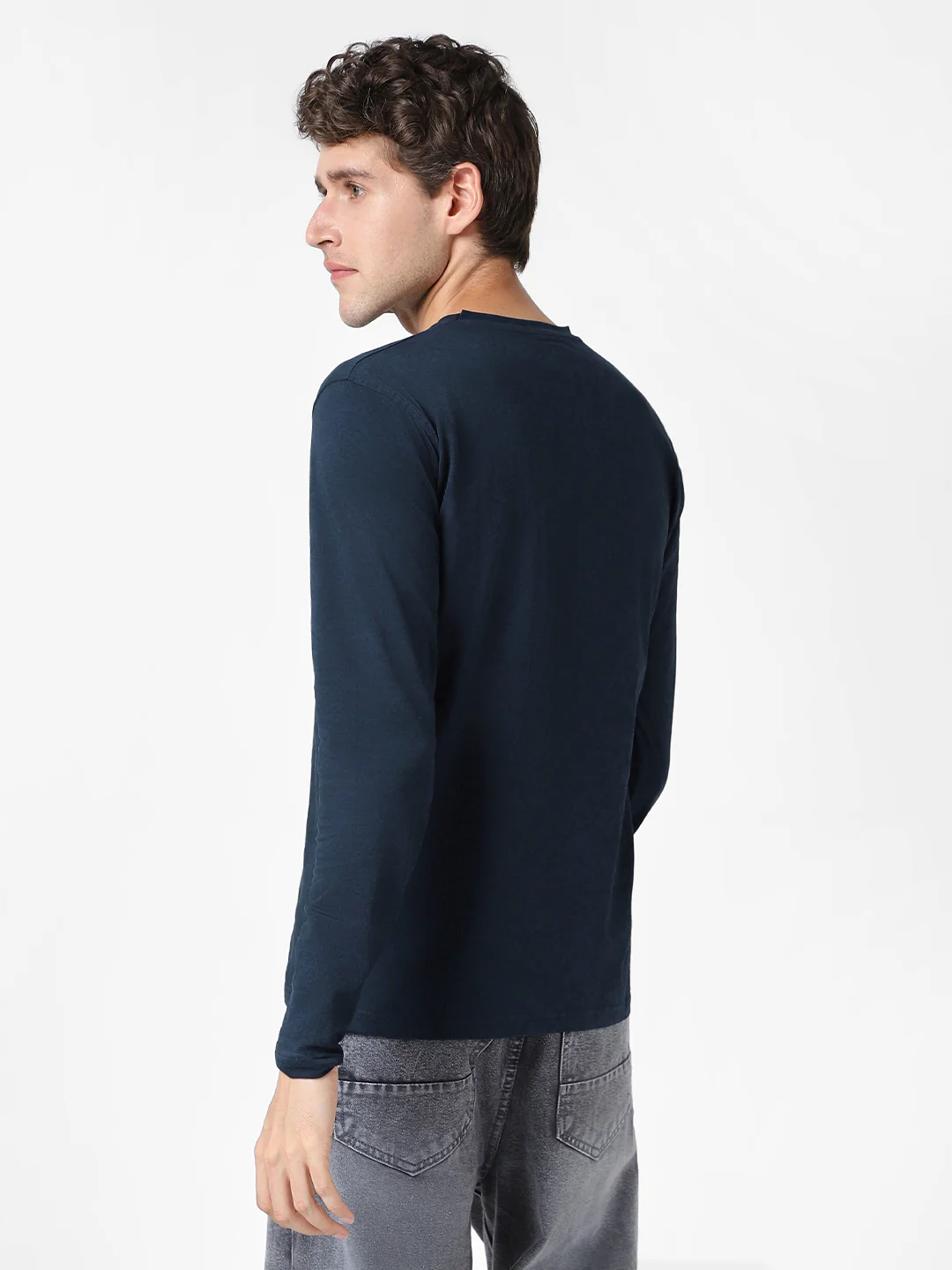 Men's Estate Blue Printed Full Sleeve Slim Fit Cotton T-Shirt - Image 4