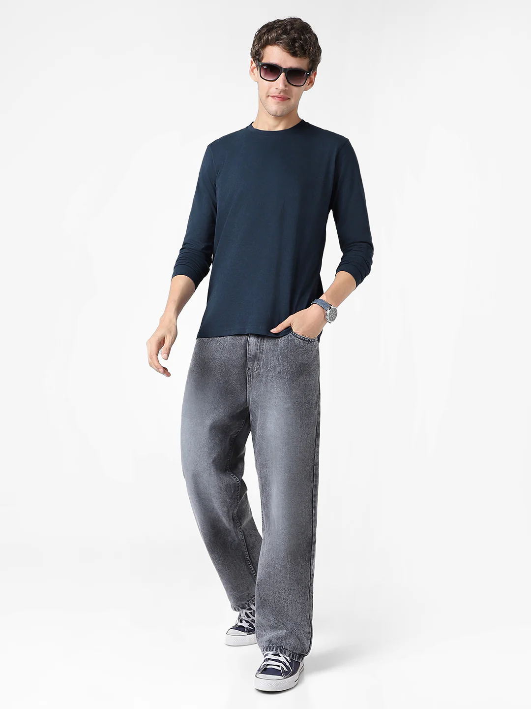 Men's Estate Blue Printed Full Sleeve Slim Fit Cotton T-Shirt - Image 5