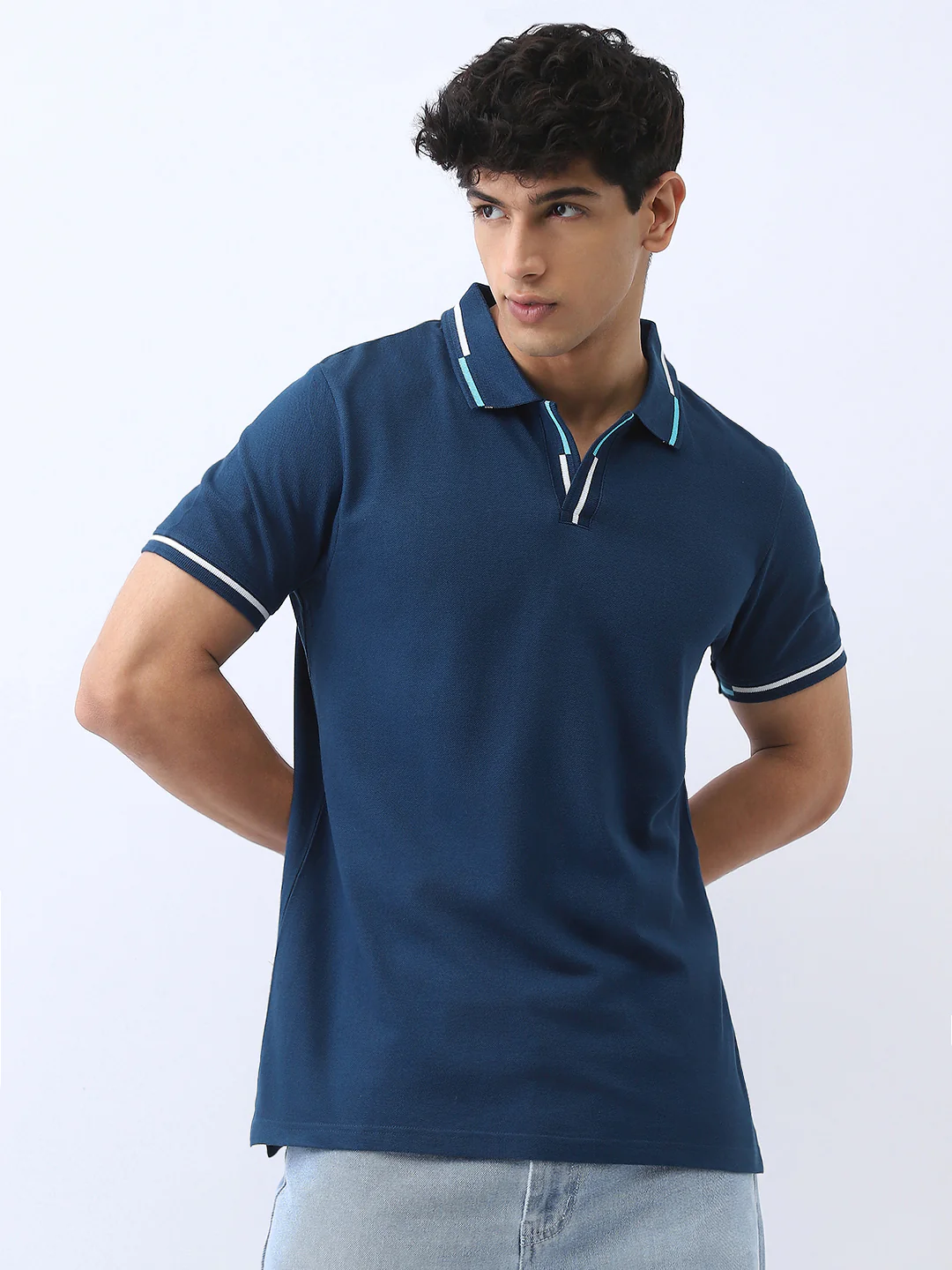 Men's Estate Blue Solid Regular Fit Half Sleeve Cotton Polo T-Shirt - Image 2