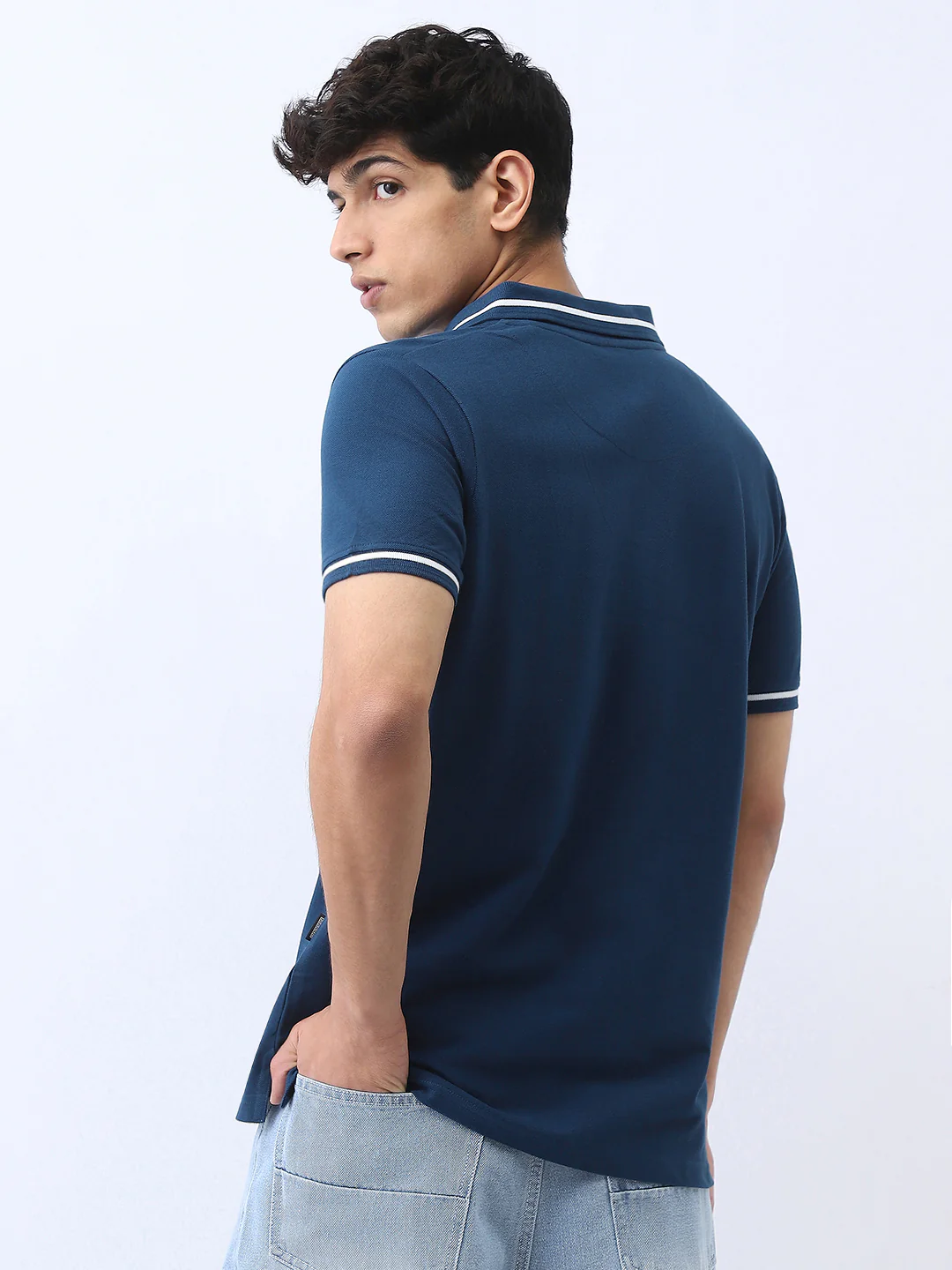 Men's Estate Blue Solid Regular Fit Half Sleeve Cotton Polo T-Shirt - Image 3