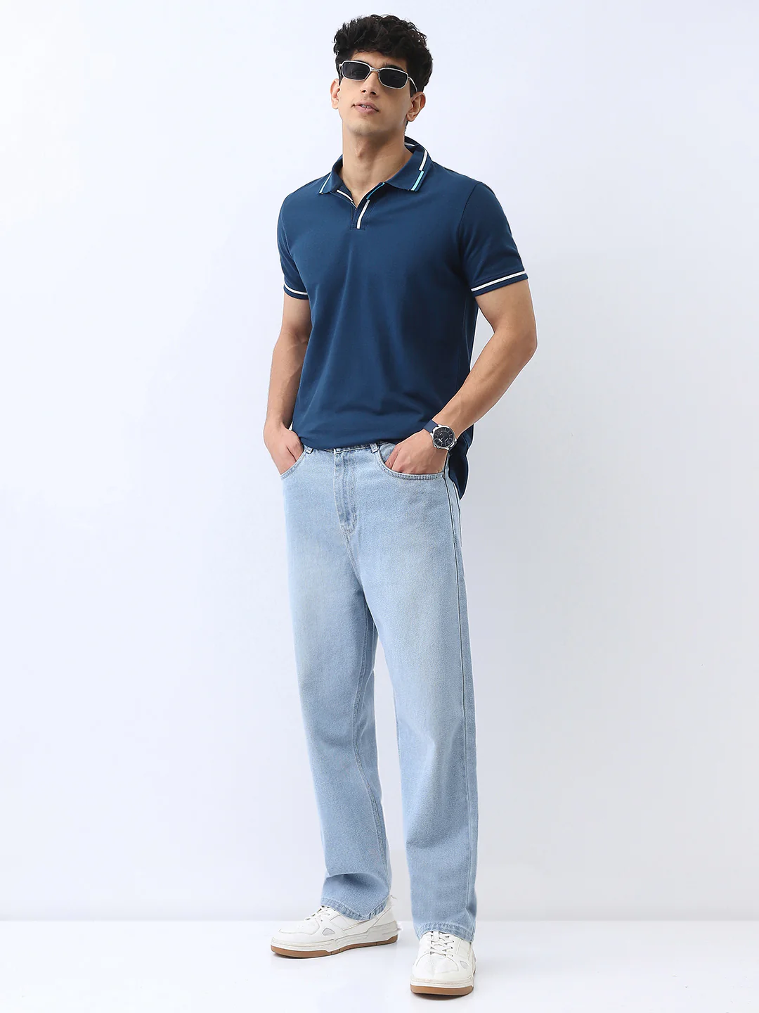 Men's Estate Blue Solid Regular Fit Half Sleeve Cotton Polo T-Shirt - Image 4