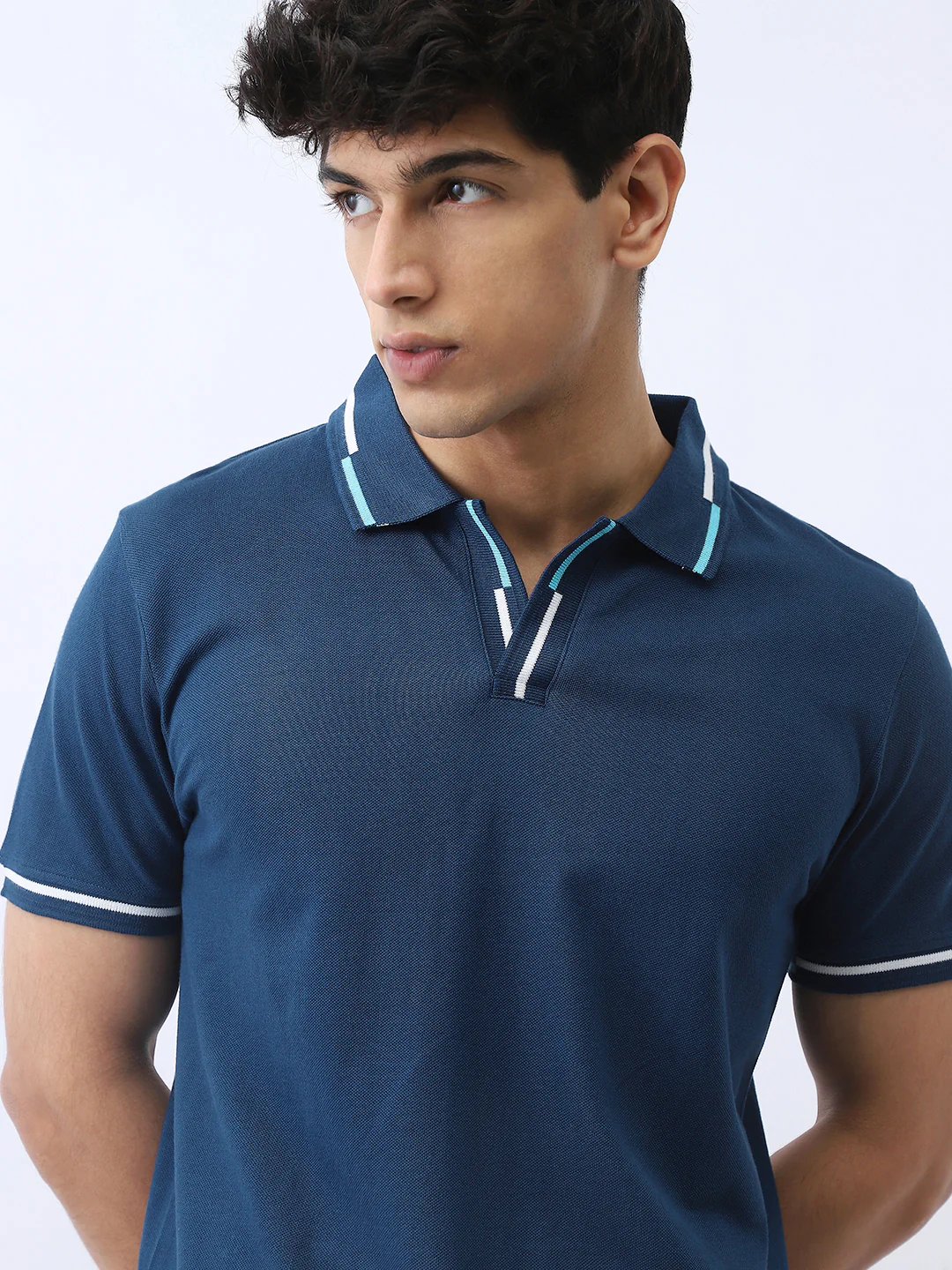 Men's Estate Blue Solid Regular Fit Half Sleeve Cotton Polo T-Shirt - Image 5