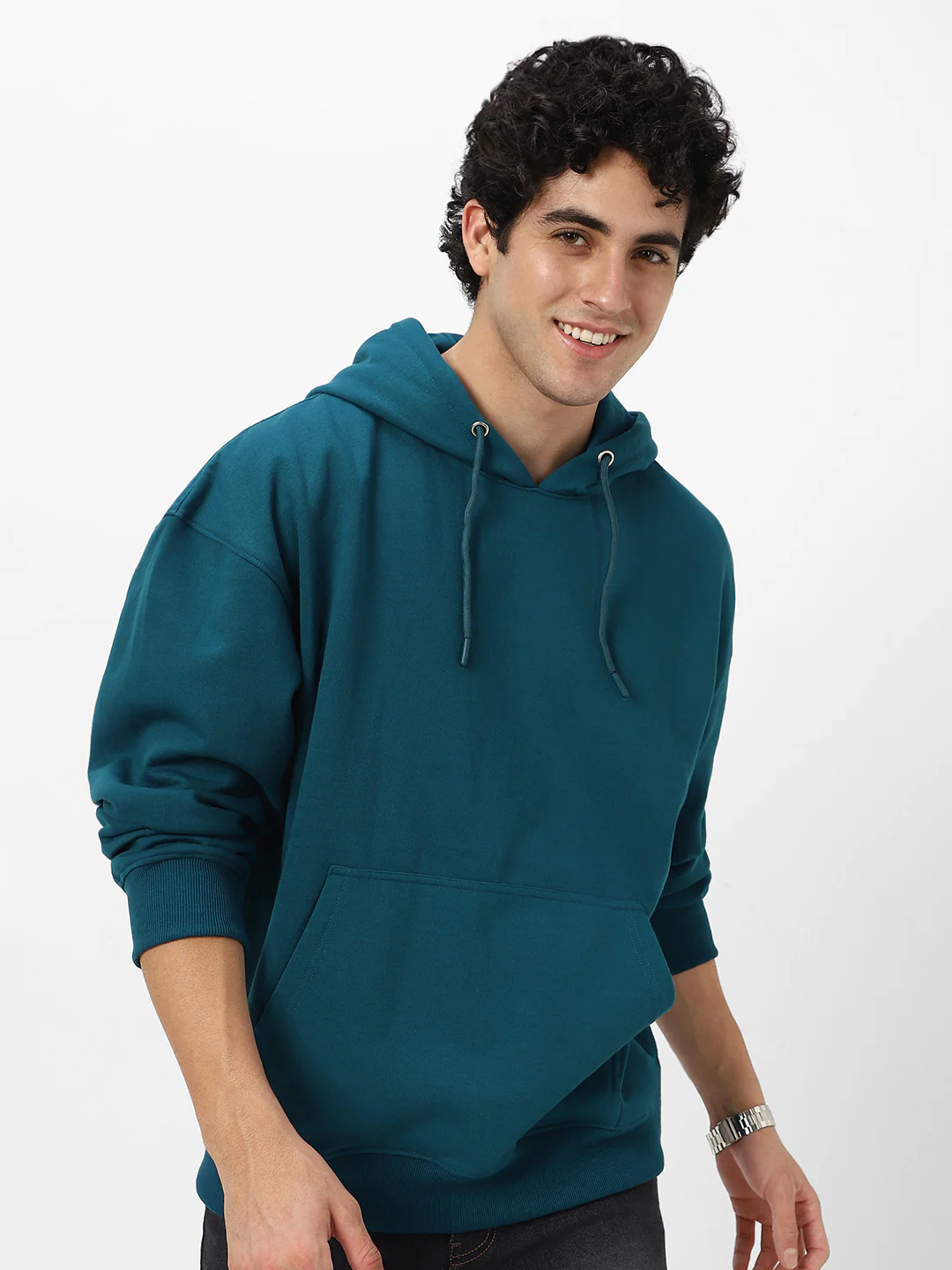 Men's Fog Teal Green Cotton Solid Oversized Hooded Neck Sweatshirt - Image 2