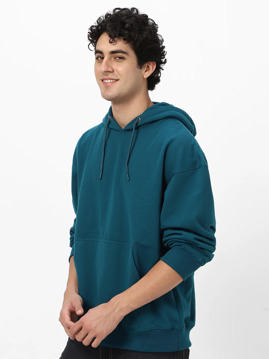 Men's Fog Teal Green Cotton Solid Oversized Hooded Neck Sweatshirt - Image 3