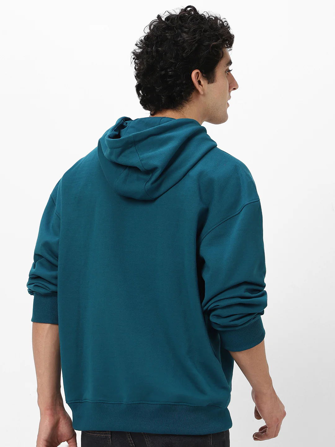 Men's Fog Teal Green Cotton Solid Oversized Hooded Neck Sweatshirt - Image 4