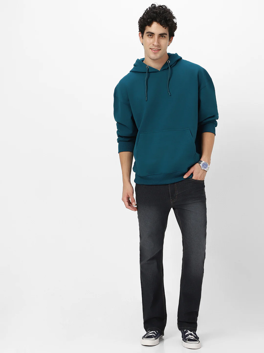 Men's Fog Teal Green Cotton Solid Oversized Hooded Neck Sweatshirt - Image 5
