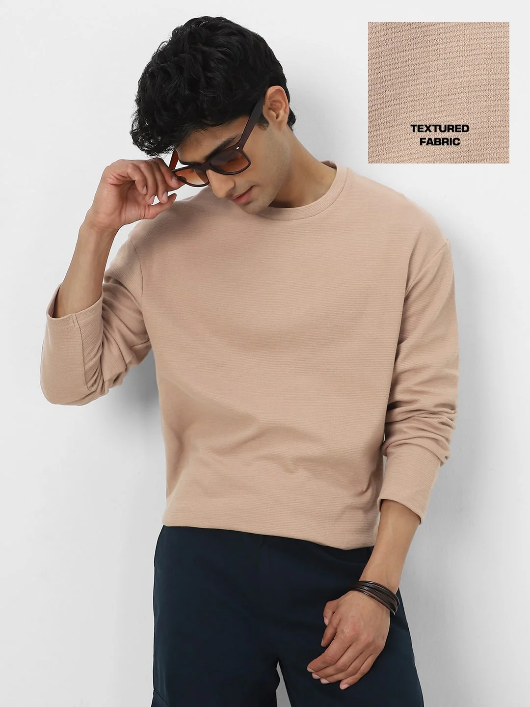 Men's Ginger Root Textured Round Neck Oversized Full Sleeve Cotton T-Shirt - Image 2