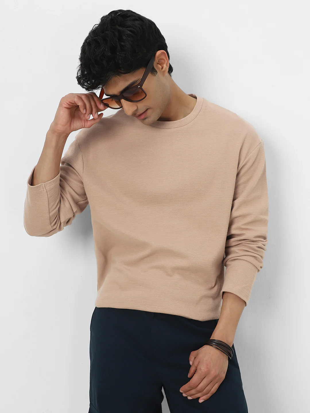 Men's Ginger Root Textured Round Neck Oversized Full Sleeve Cotton T-Shirt - Image 3