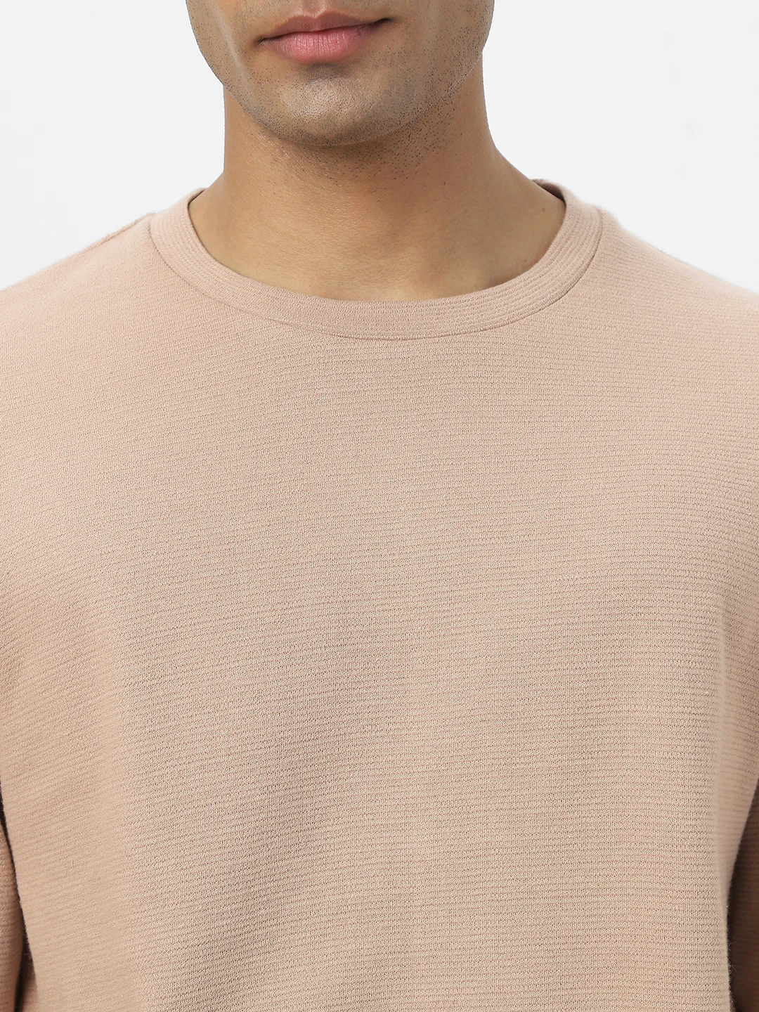 Men's Ginger Root Textured Round Neck Oversized Full Sleeve Cotton T-Shirt - Image 4
