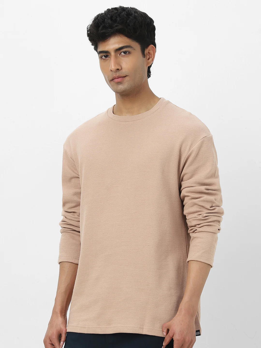 Men's Ginger Root Textured Round Neck Oversized Full Sleeve Cotton T-Shirt - Image 5