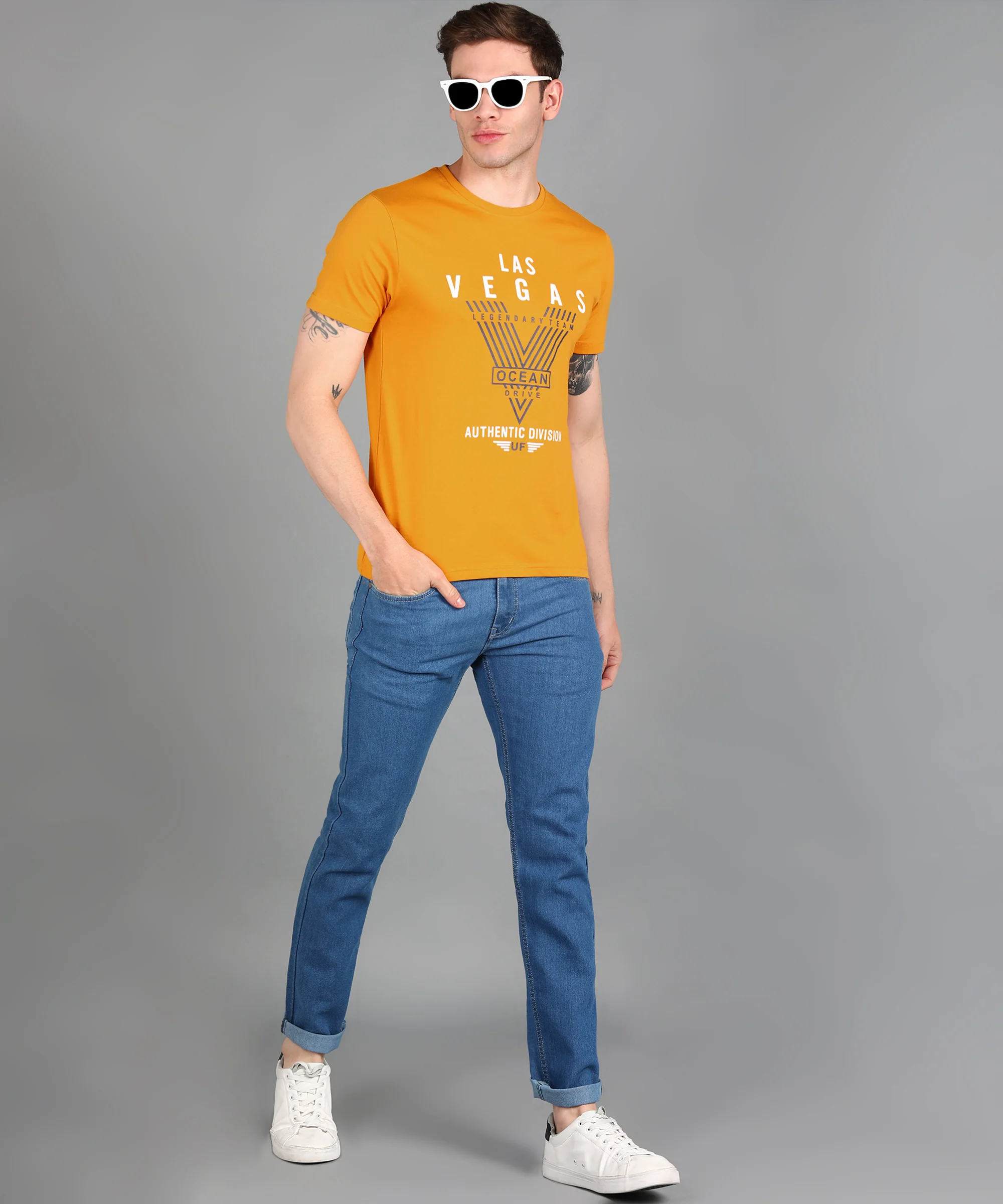 Urbano Fashion Men's Gold Graphic Printed Round Neck Half Sleeve Slim Fit Cotton T-Shirt - Image 4