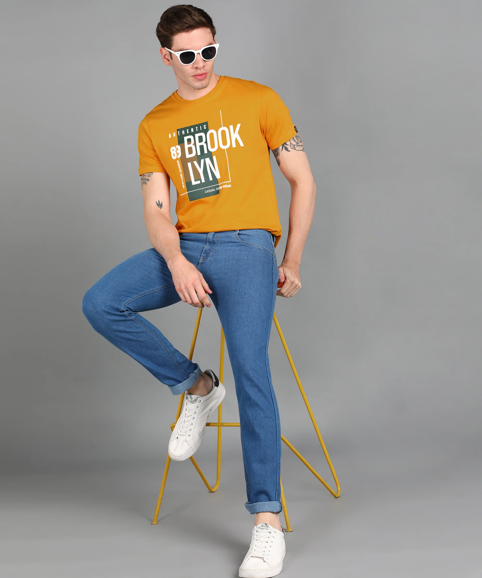 Urbano Fashion Men's Gold Graphic Printed Round Neck Half Sleeve Slim Fit Cotton T-Shirt - Image 4