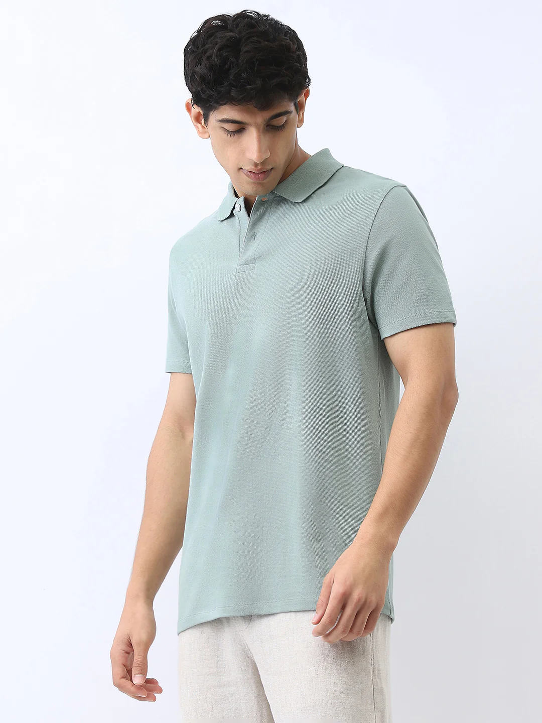 Men's Granite Green Solid Regular Fit Half Sleeve Cotton Polo T-Shirt - Image 2