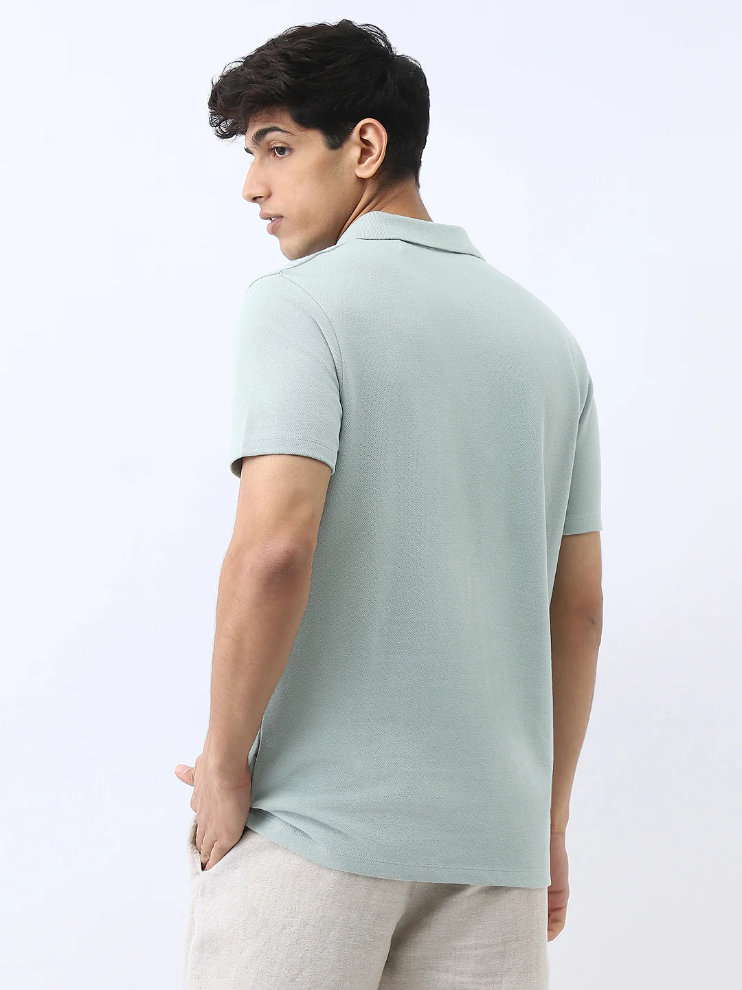 Men's Granite Green Solid Regular Fit Half Sleeve Cotton Polo T-Shirt - Image 3
