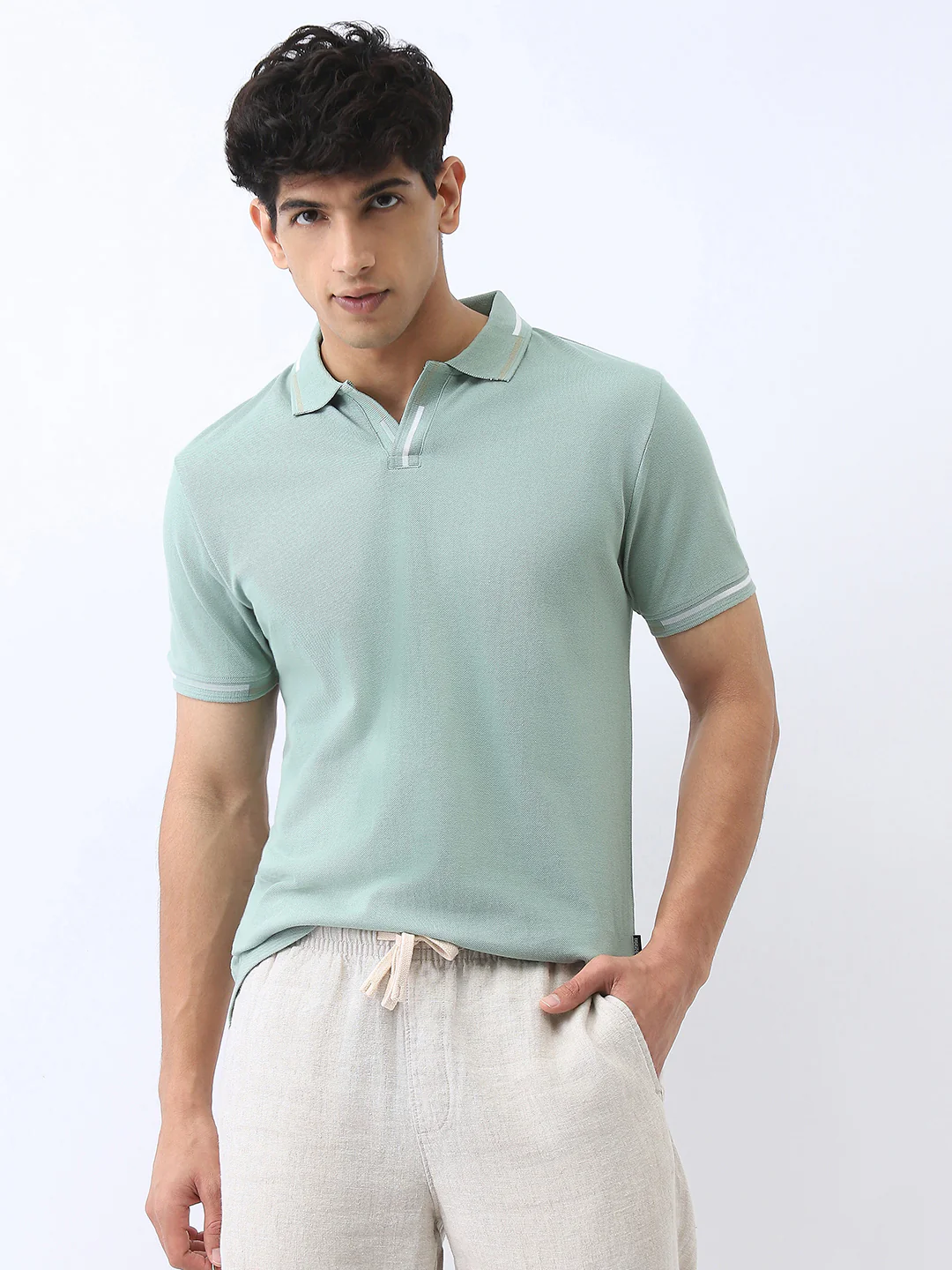 Men's Granite Green Solid Regular Fit Half Sleeve Cotton Polo T-Shirt - Image 2