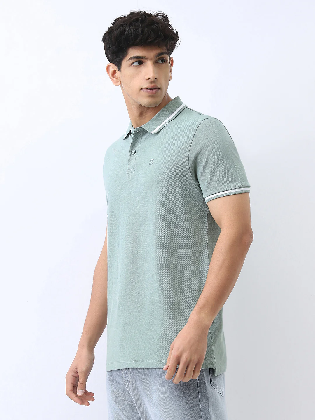 Men's Granite Green Solid Regular Fit Half Sleeve Cotton Polo T-Shirt - Image 2