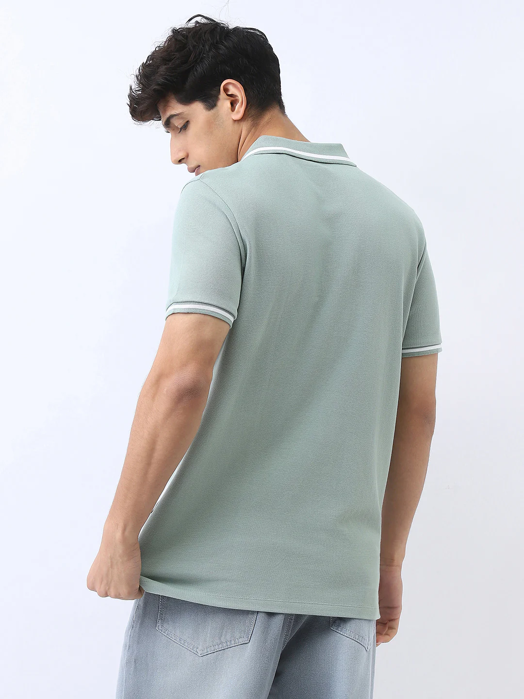 Men's Granite Green Solid Regular Fit Half Sleeve Cotton Polo T-Shirt - Image 3