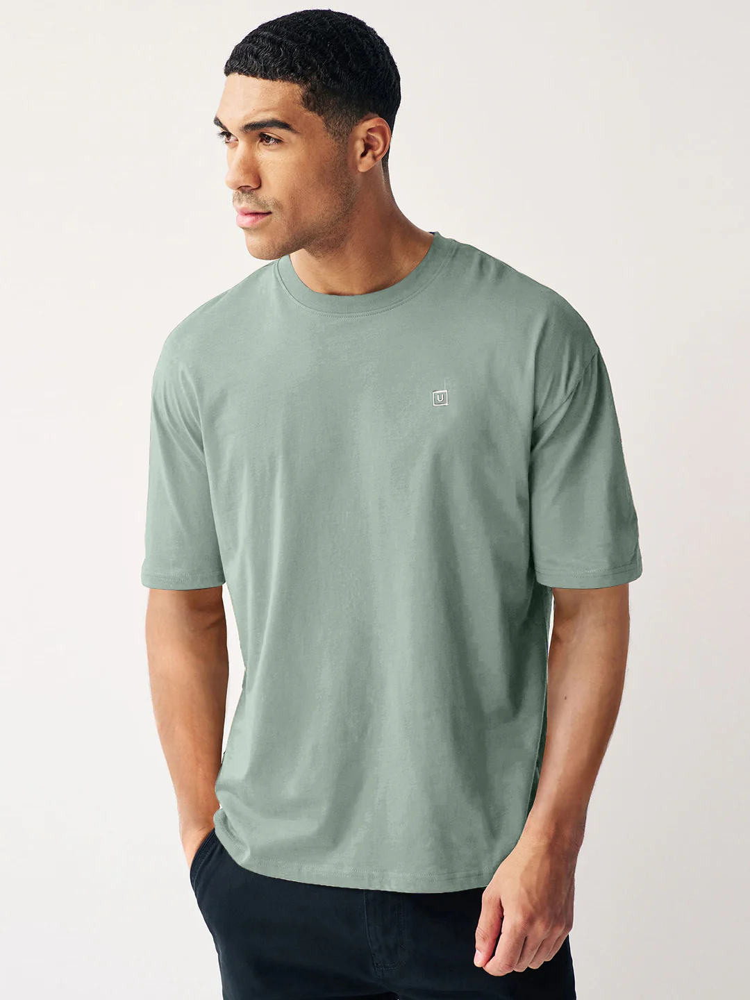 Men's Granite Green Solid Round Neck Oversized Half Sleeve Cotton T-Shirt - Image 2