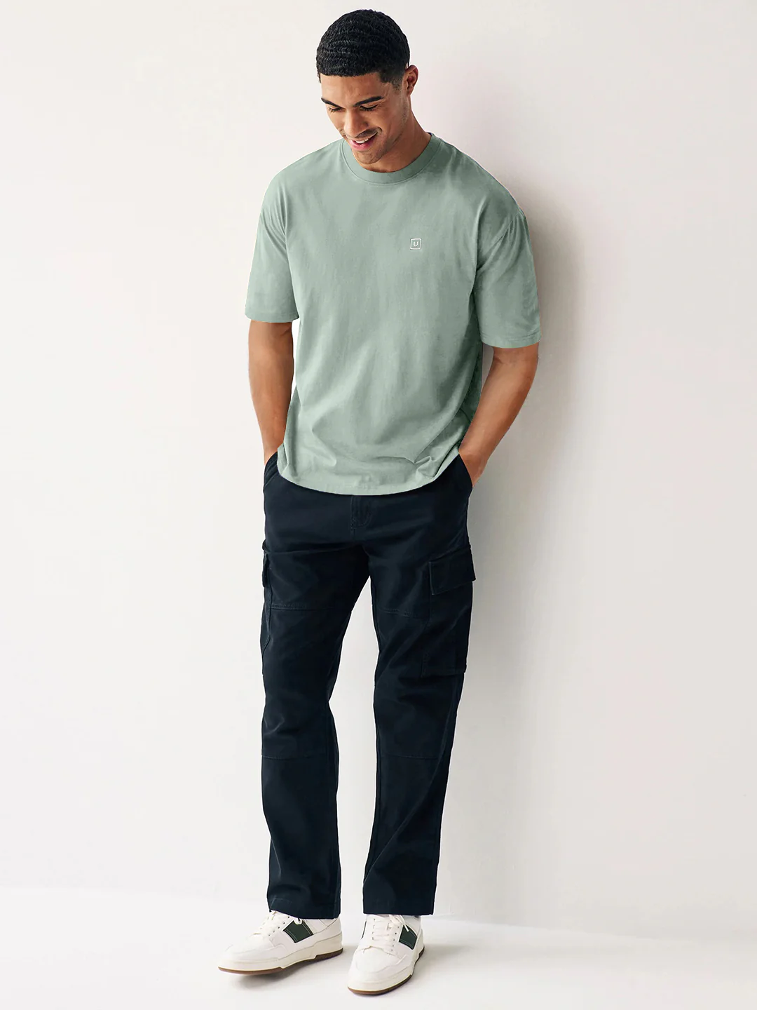 Men's Granite Green Solid Round Neck Oversized Half Sleeve Cotton T-Shirt - Image 4