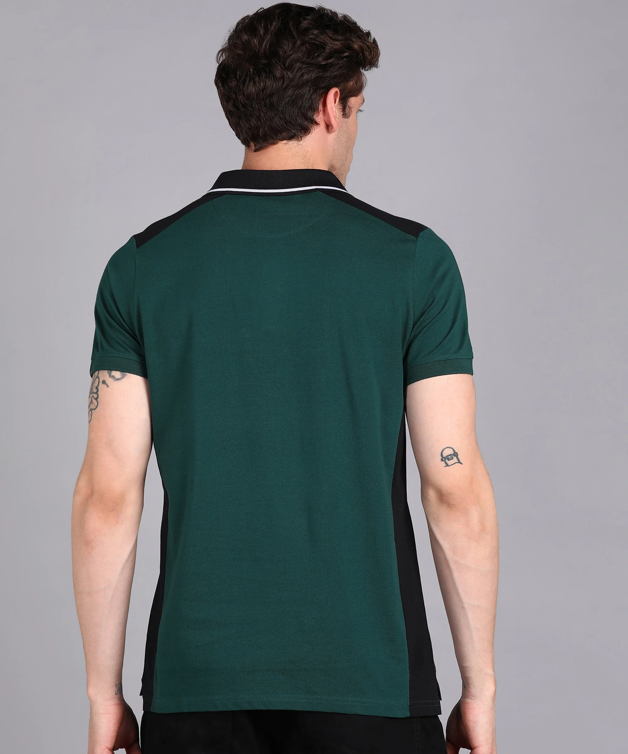 Men's Green, Black Colour-Block Slim Fit Half Sleeve Cotton Polo T-Shirt - Image 3