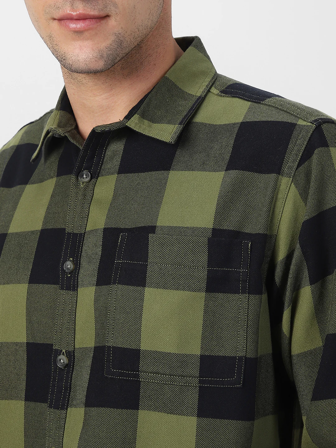 Men's Green Black Cotton Full Sleeve Regular Fit Casual Checkered Shirt - Image 5