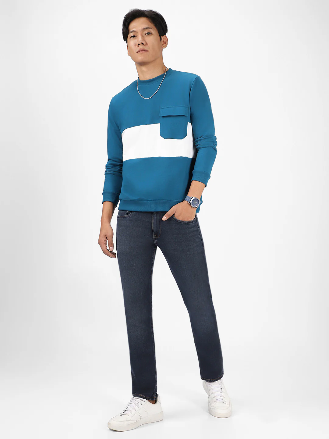Men's Green Cotton Color Block Round Neck Sweatshirt - Image 4