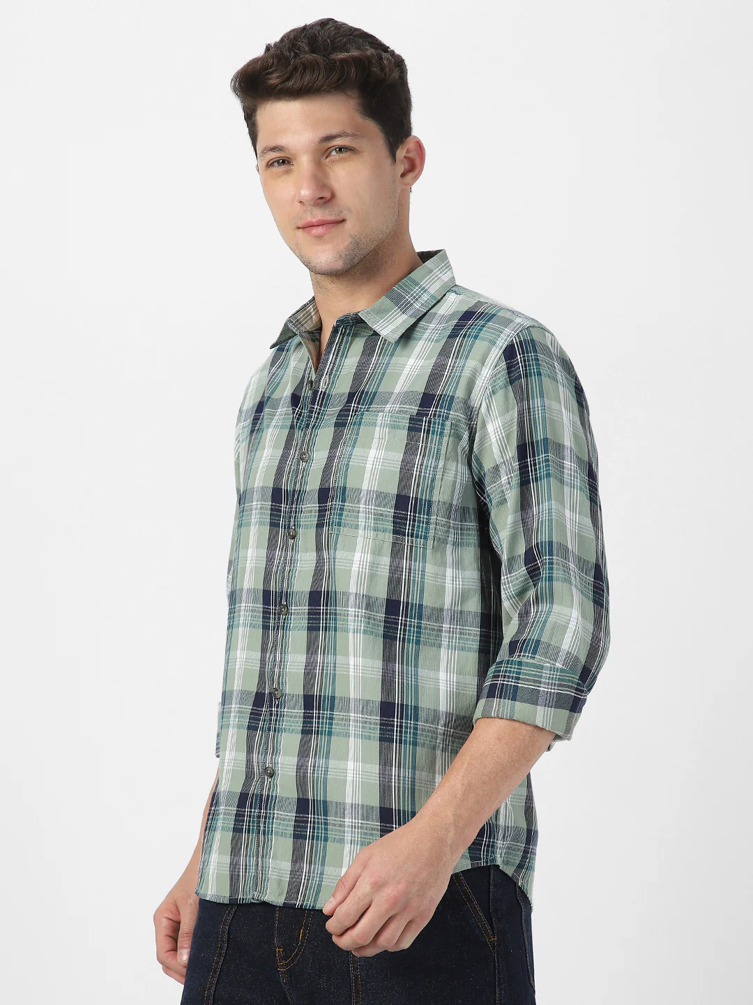 Men's Green Cotton Full Sleeve Regular Fit Casual Checkered Shirt - Image 2